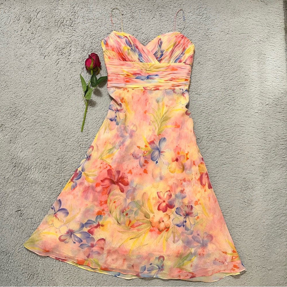 Vintage watercolor Fit & Flare silk floral midi dress